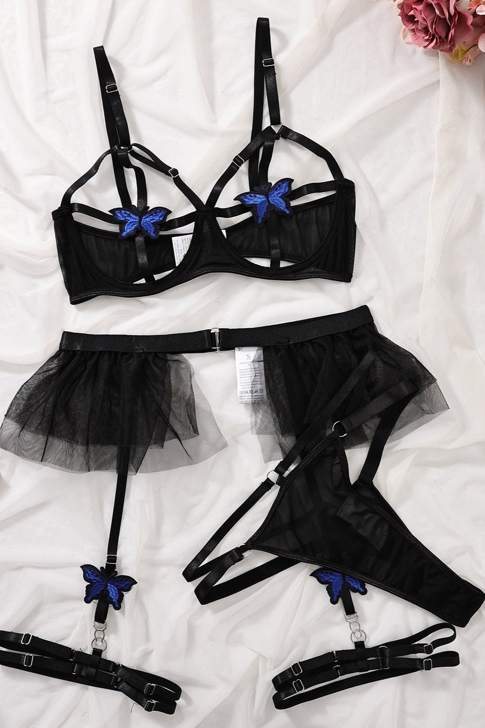 Black Blue Butterfly Cut-Out Wired Bra Thong Mesh Garter Belt Sexy 5Pc Lingerie Set