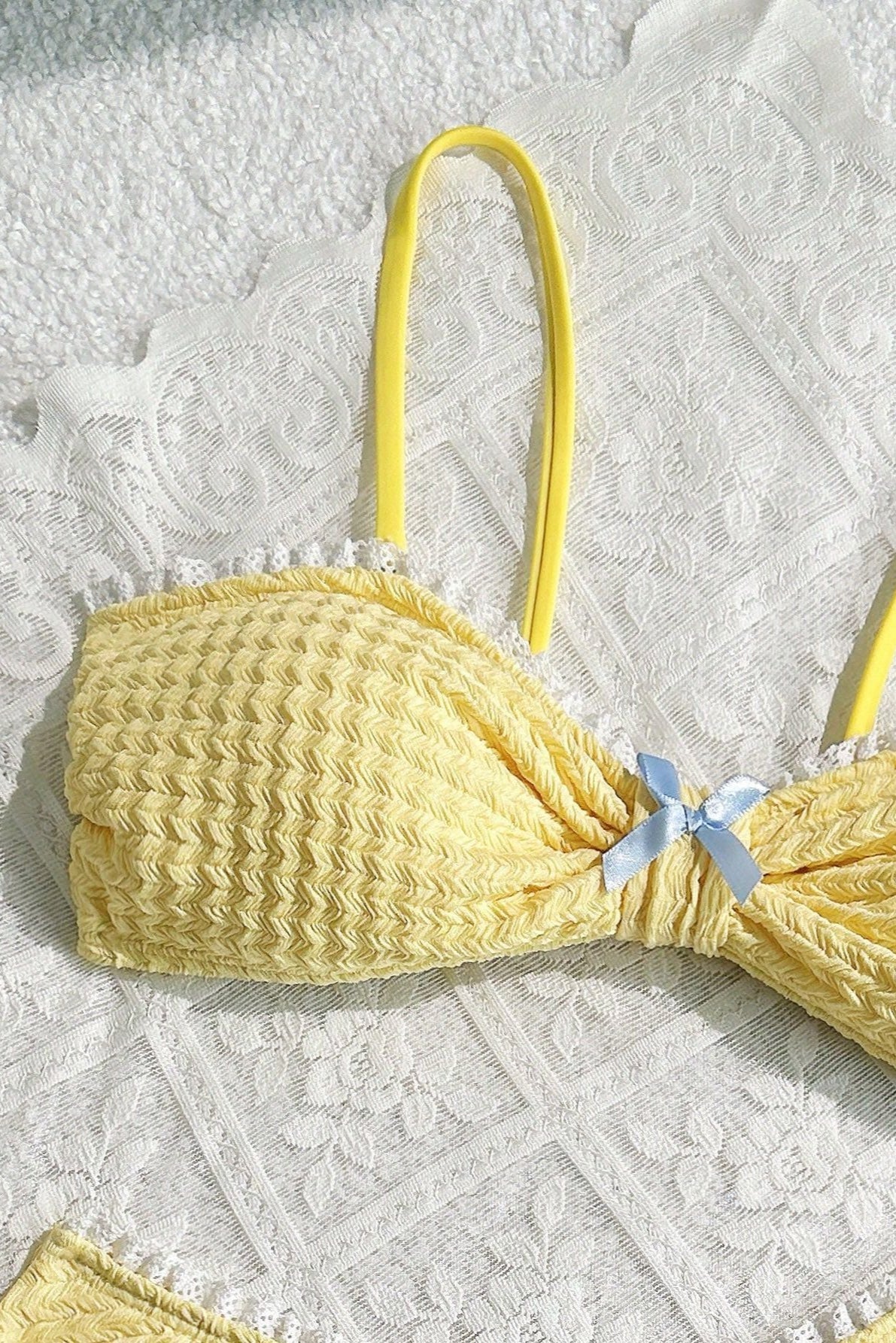 Yellow Textured Bow Lace Sexy 2Pc Swimsuit Set Bikini