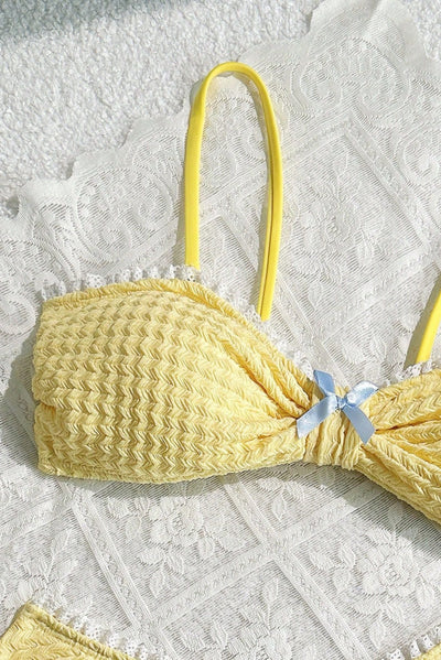 Yellow Textured Bow Lace Sexy 2Pc Swimsuit Set Bikini