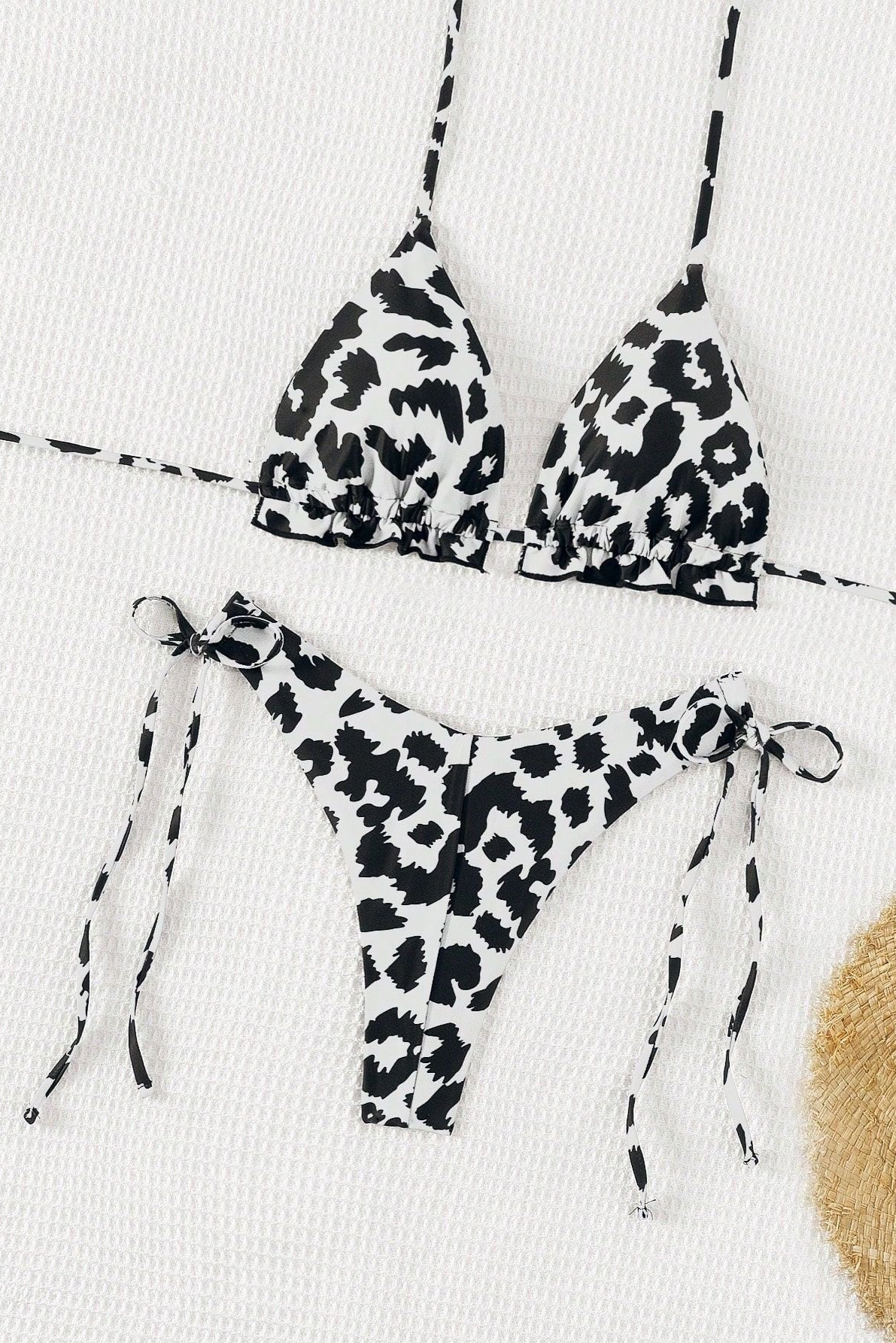 Leopard Print Triangle Thong Tie Side Sexy 2Pc Swimsuit Set Bikini