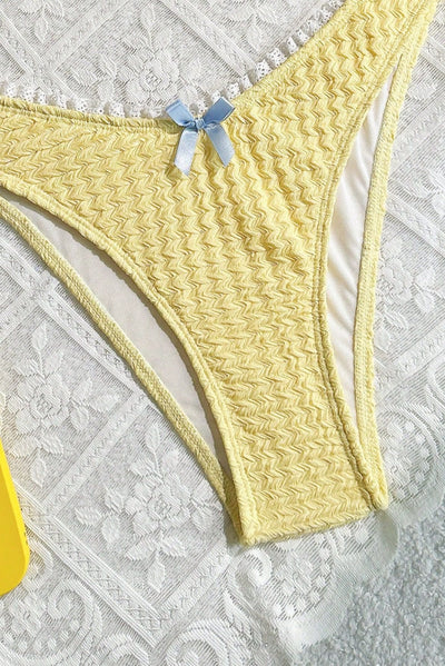 Yellow Textured Bow Lace Sexy 2Pc Swimsuit Set Bikini