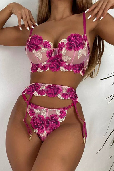 Yellow Fuchsia Floral Embroidered Mesh Underwire Sexy Lingerie 3 Pc Set