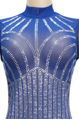 Blue Rhinestones Mesh Sleeveless Party Romper