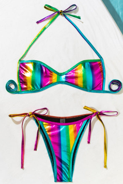 Rainbow Multi Metallic Micro Halter Cheeky Sexy 2Pc Swimsuit Set