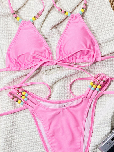 Light Pink Multi Color Beads Sexy 2Pc Swimsuit Set Bikini