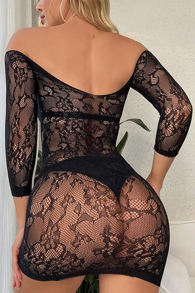 Black Stretchy Lace Long Sleeve Off Shoulder Sexy Fitted Dress