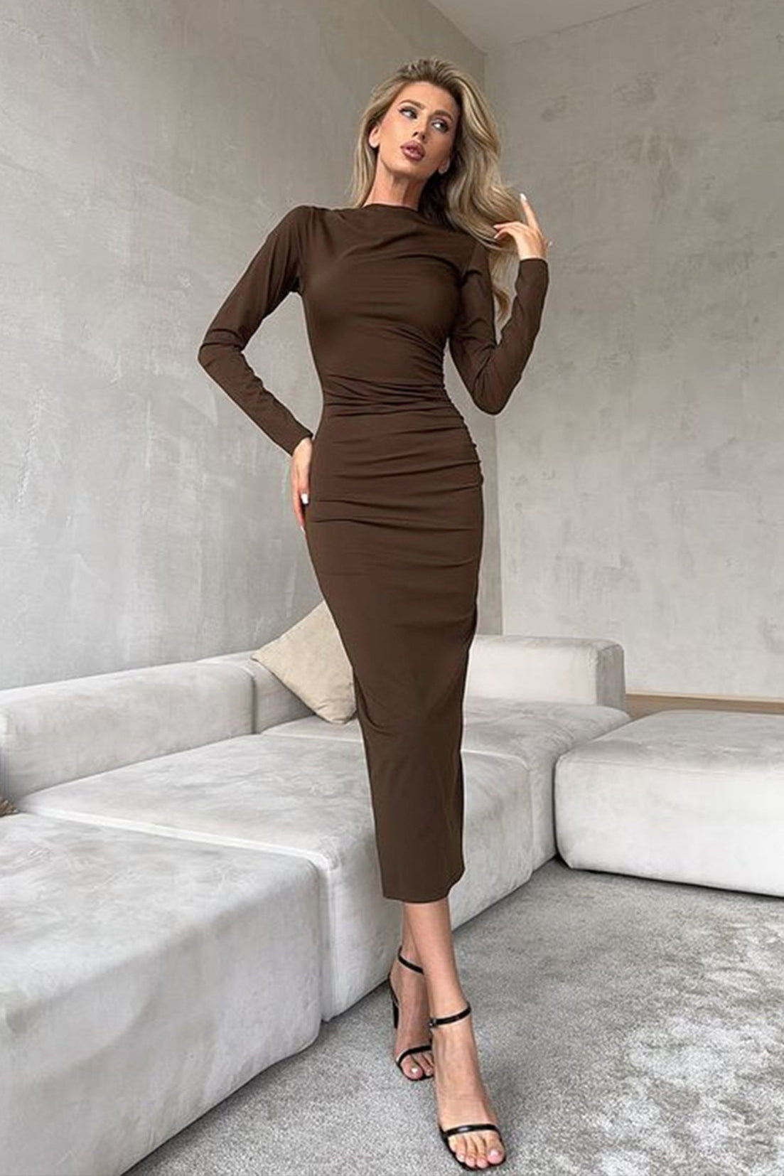 Brown Long Sleeves Fitted Back Slit Sexy Midi Party Dress