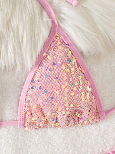 Pink Holographic Sequin Netted Sexy 2Pc Swimsuit Set Bikini