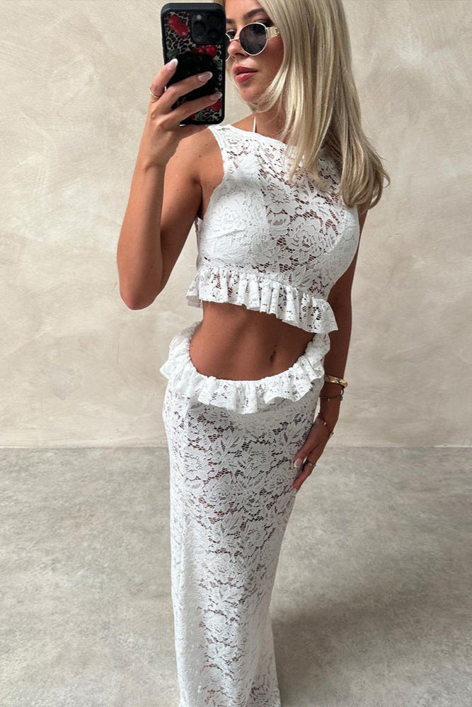 White Lace Ruffle Side Cut-Out Sexy Full Length Maxi Dress