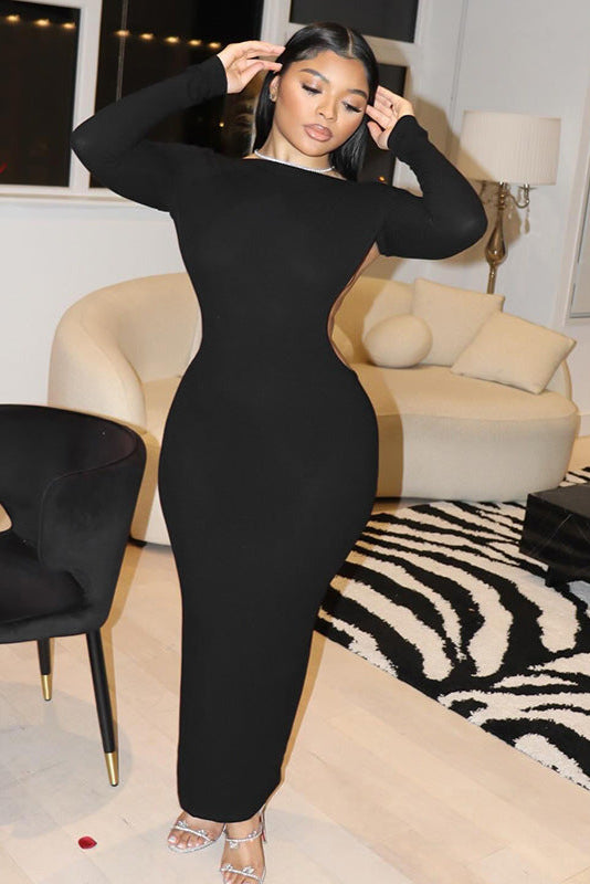 Black Long Sleeve Open Back T-Strap Sexy Fitted Maxi Party Dress