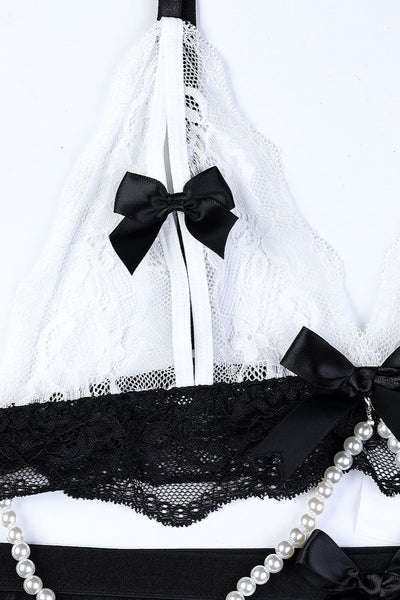 Black White Mesh Lace Pearl Bow Thong Skirt Apron Sexy 3Pc Lingerie Set