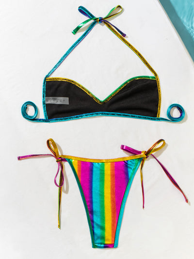 Rainbow Multi Metallic Micro Halter Cheeky Sexy 2Pc Swimsuit Set