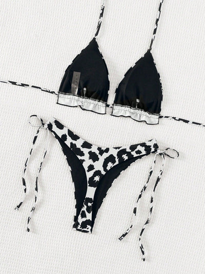 Leopard Print Triangle Thong Tie Side Sexy 2Pc Swimsuit Set Bikini