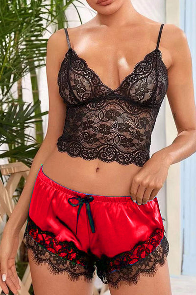 Red Eyelash lace Satin Two Piece Pajama Intimate Set