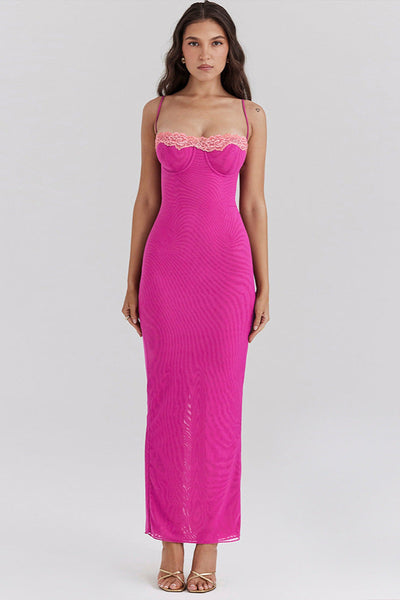 Pink Mesh Lace Push-Up Sexy Bodycon Fitted Maxi Dress