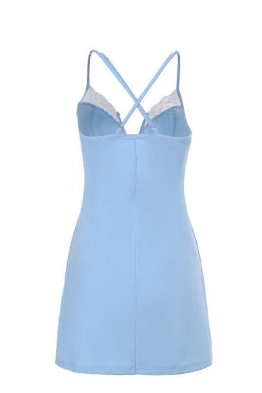 Light Blue V Wire White Lace Sexy Fit & Flare Dress