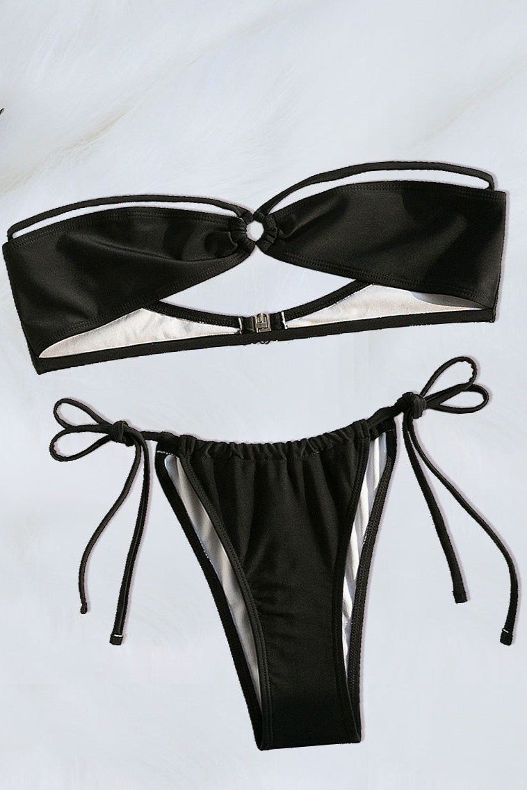 Black Strappy Bandeau Cheeky Sexy 2Pc Swimsuit Set