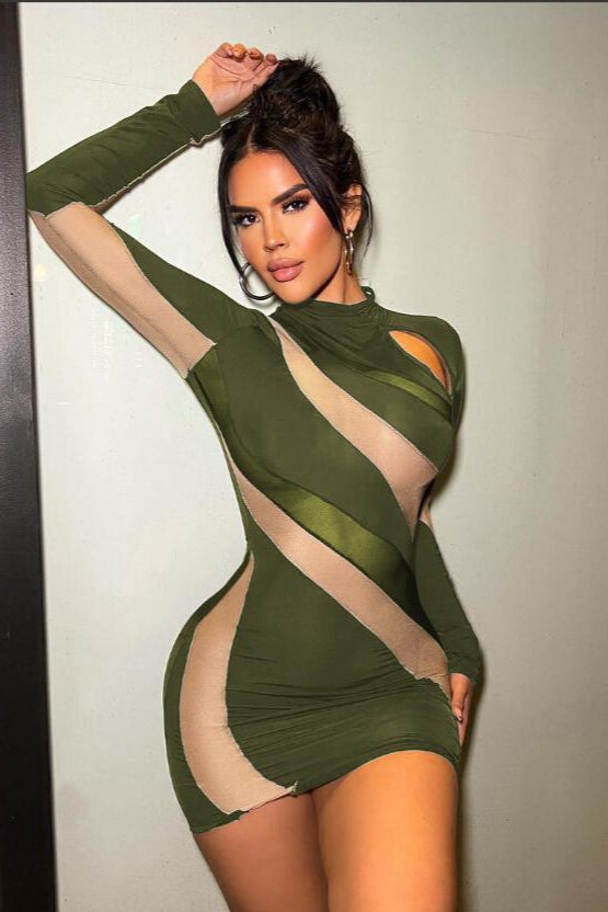 Green Nude Mesh Cut-Out Long Sleeve Sexy Fitted Party Dress