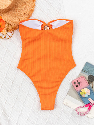 Orange Gold Seashells Cut-Out Strapless Monokini Sexy 1Pc Swimsuit