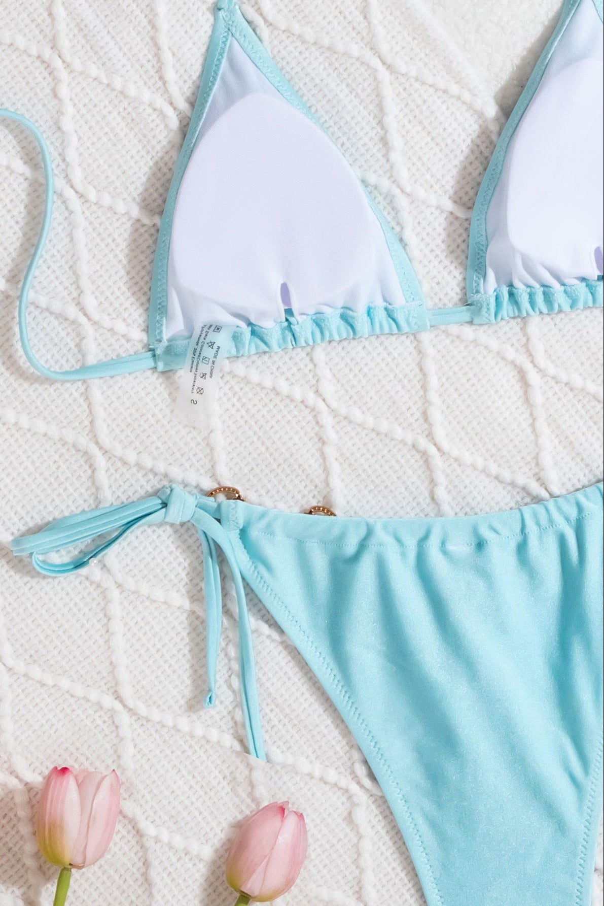 Light Blue Rhinestones Designer Buckle Triangle Cheeky Sexy 2Pc Swimsuit Set