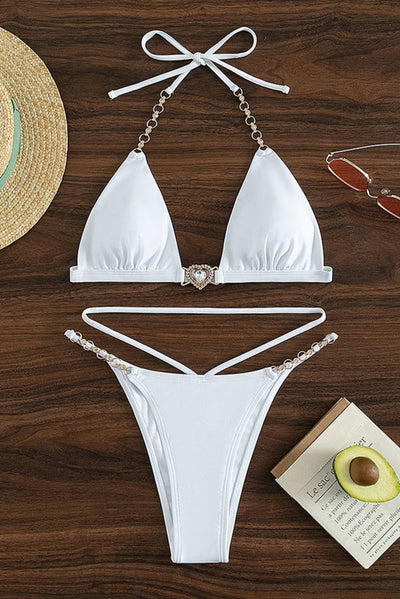 White Heart Rhinestone Strappy Tied Sexy 2Pc Swimsuit Set Bikini