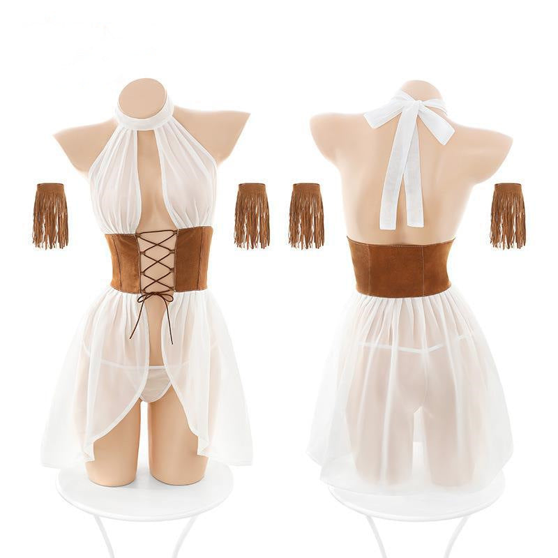White Pocohontas Brown Fringe Sexy 4Pc Costume