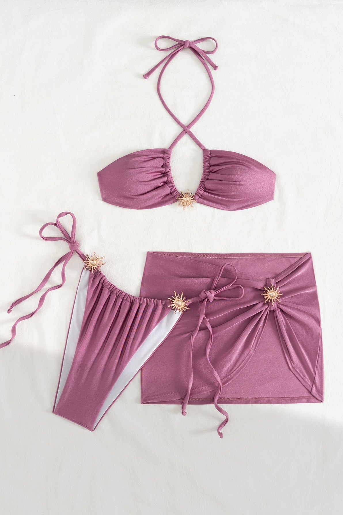 Purple Gold Sun Decor Halter Bandeau Cheeky Mesh Cover-Up 3Pc Swimsuit Set