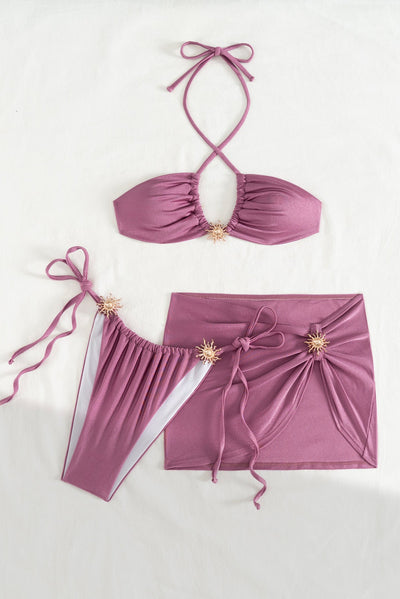Purple Gold Sun Decor Halter Bandeau Cheeky Mesh Cover-Up 3Pc Swimsuit Set
