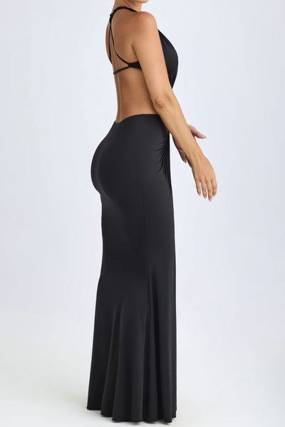 Black Halter O-Ring Cut-Out Backless Fit & Flare Maxi Party Dress