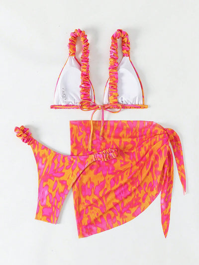 Orange Leopard Narrow Triangle Cheeky Cover-Up Sexy 3Pc Swimsuit Set