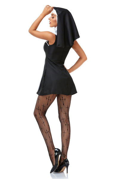 Black White Headpiece Mini Dress Sexy 2Pc Nun Costume