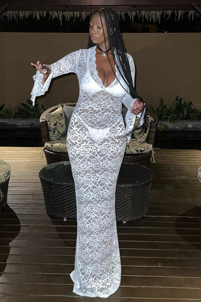 White Lace V-Neck Flare Sleeve Sexy Full Length Maxi Dress