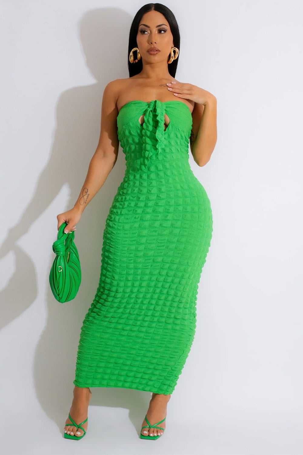 Green Textured Fabric Strapless Knot Sexy Fitted Maxi Dress