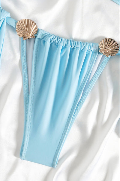 Light Blue Gold Seashell Halter Cheeky Sexy 2Pc Swimsuit Set