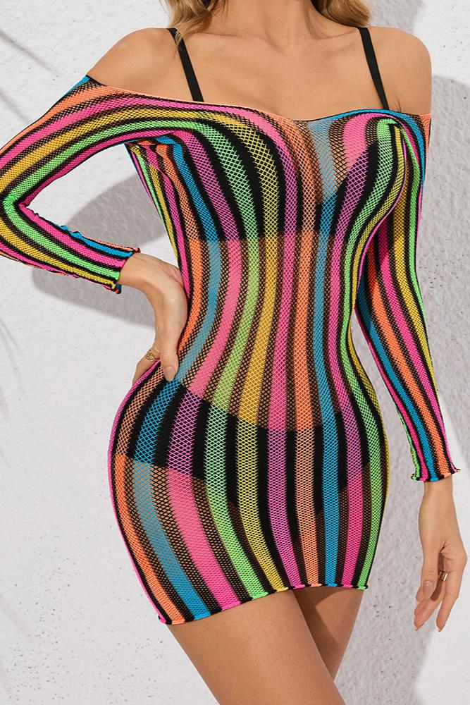 Black Multi Stripe Netted Stretchy Long Sleeve Dress