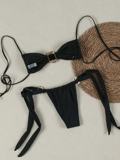 Black Gold Seashell Halter Cheeky Sexy 2Pc Swimsuit Set