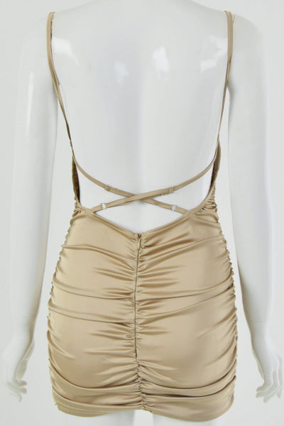 Khaki Satin Ruched Backless Strappy Sexy Fitted Dress