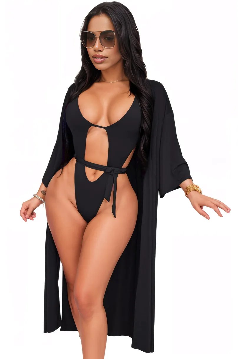 Black Strappy Monokini Kimono Cover-Up 2Pc Swimsuit Set