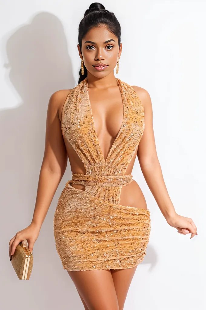 Gold Sleeveless Cut Out Sequins Sexy Party Dress