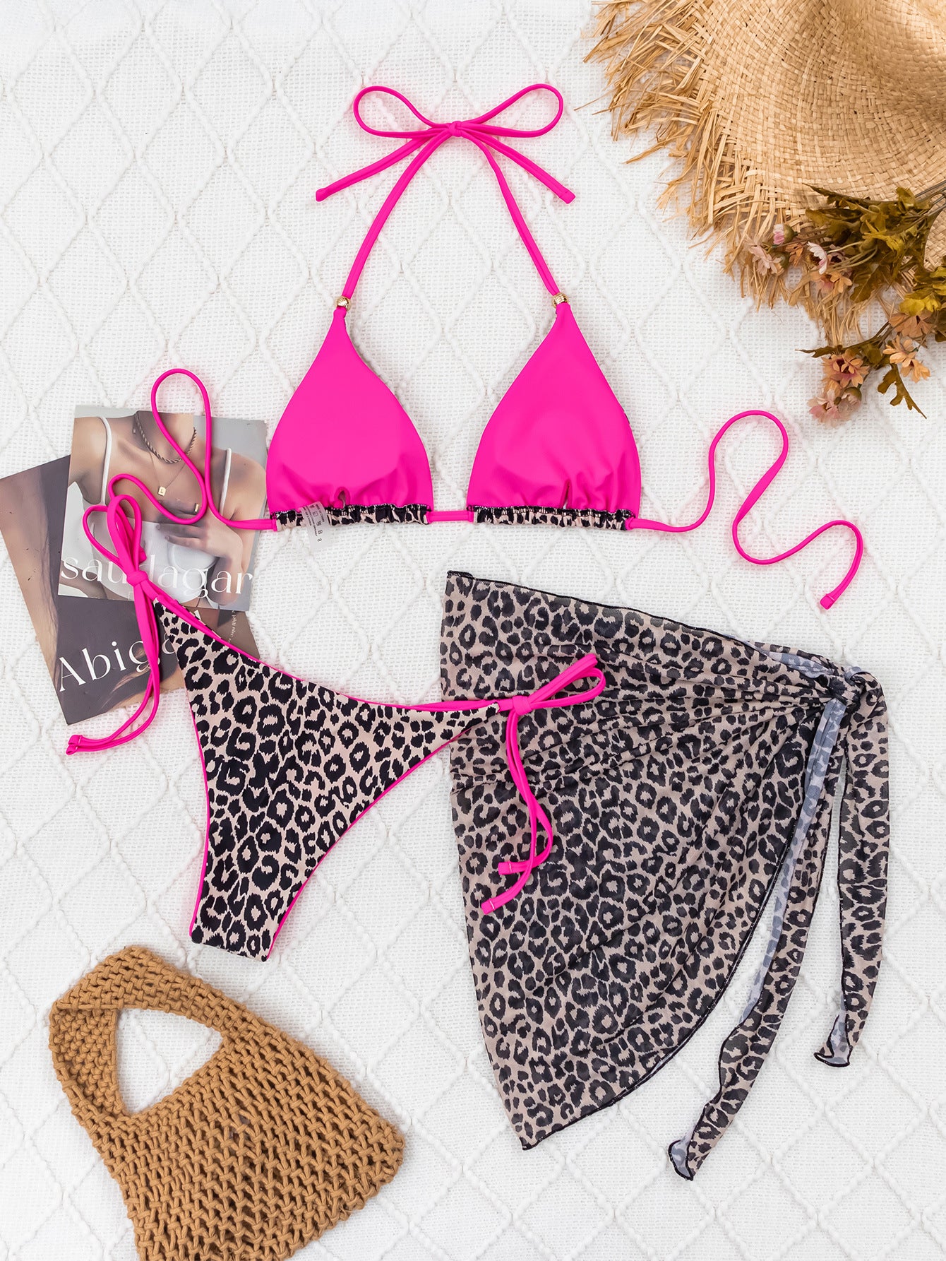 Leopard Print Pink Triangle Cheeky Mesh Cover-Up Sexy 3Pc Swimsuit Set