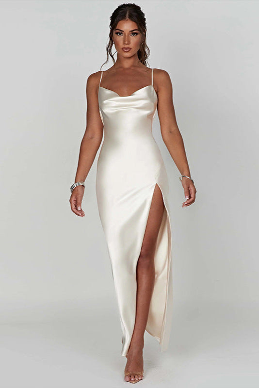 White Satin Drape Backless Sexy Full Length Maxi Party Dress