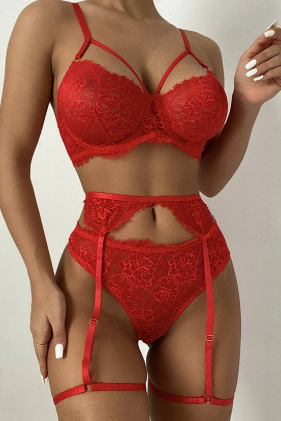 Red Eyelash Lace Strappy Bra Garter Belt Thing Sexy 3Pc Lingerie Set