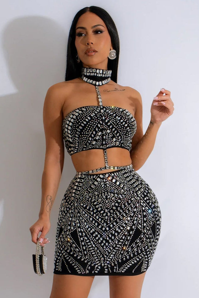 Black Rhinestone Gem Covered Choker Top Skirt Sexy 2Pc Party Dress