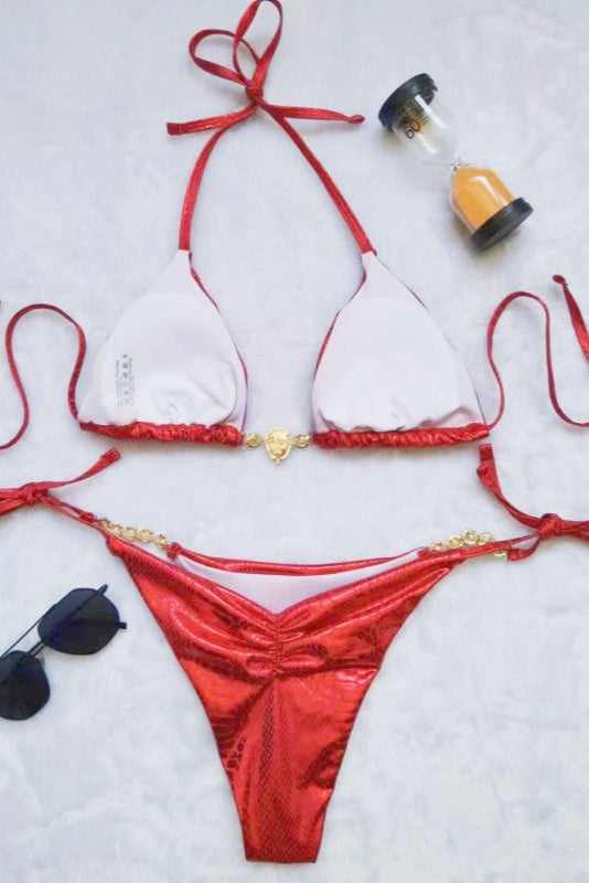 Red Snake Print Metallic Rhinestones Cheeky Ruched Bottom 2Pc Bikini Swimsuit Set