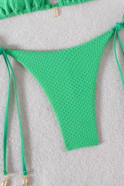 Green Dot Texture Fabric Gold Shell Charm Ruched Butt Sexy 2Pc Swimsuit Set Bikini