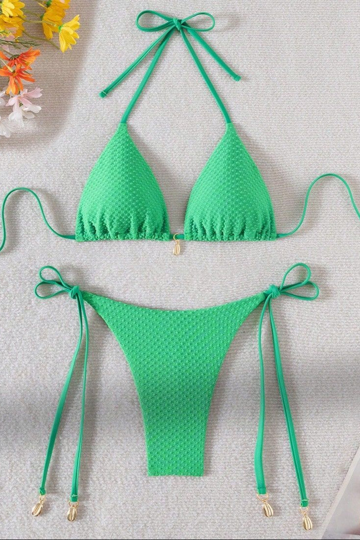 Green Dot Texture Fabric Gold Shell Charm Ruched Butt Sexy 2Pc Swimsuit Set Bikini