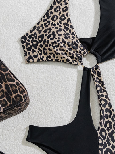 Leopard Print Black O-Ring Cut-Out Sexy 1Pc Swimsuit Monokini