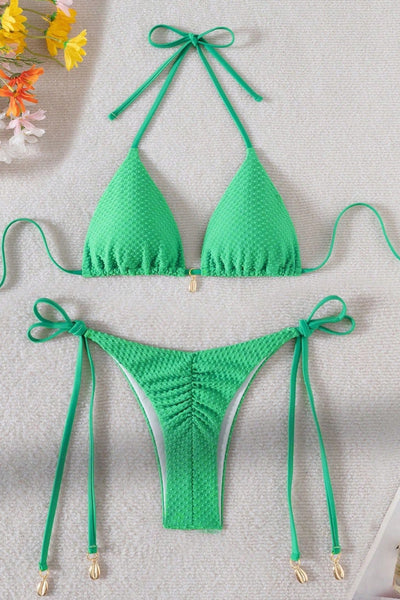 Green Dot Texture Fabric Gold Shell Charm Ruched Butt Sexy 2Pc Swimsuit Set Bikini