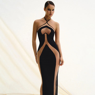 Black Beige Mesh Halter Wired Fitted Sexy Maxi Party Dress