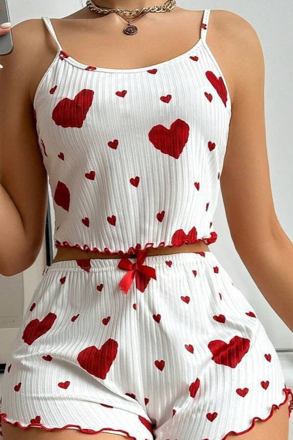 White Red Hearts Cami Bow Shorts Sexy 2Pc Pajamas Set